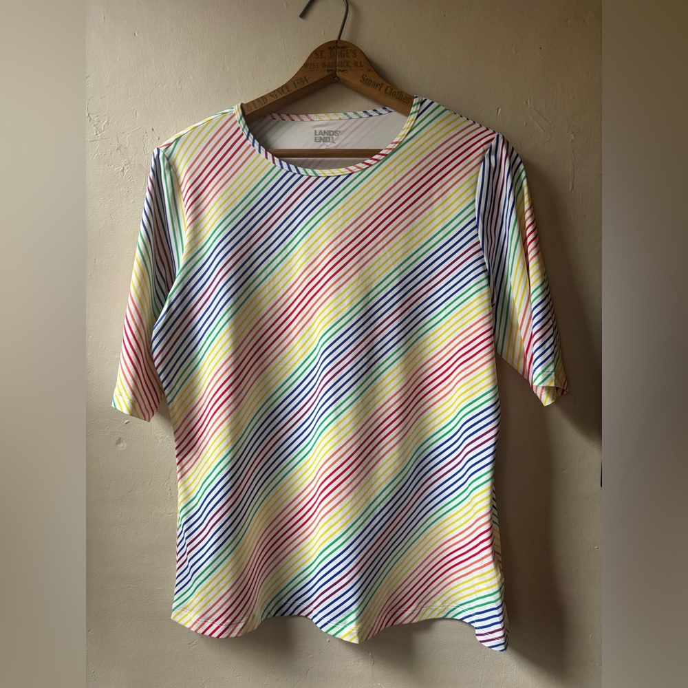 Lands' End Multi-Color Rainbow Diagonal Stripe Swim Rash Guard Top Size Med NWOT